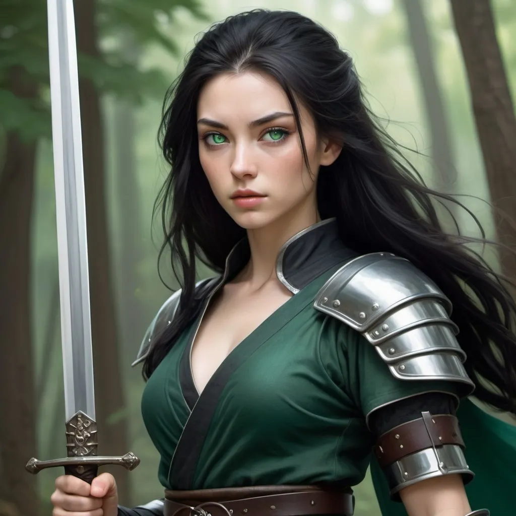 Prompt: hyper-realistic fantasy character art, illustration, dnd, warm tone, Woman with short stature, pale skin, long black hair, straight and silky in appearance. Green eyes with emerald color. Overall, her body appears to be that of an athlete, well toned and with noticeable muscles, but without taking away her femininity. She wears a black fabric outfit. Over his clothes he has light steel armor. On her waist, a leather belt, with a sword on it. In his left hand is a buckler. Her expression is calm, but her eyes seem to be alert for any movement. Overall, she resembles a beautiful Japanese woman.