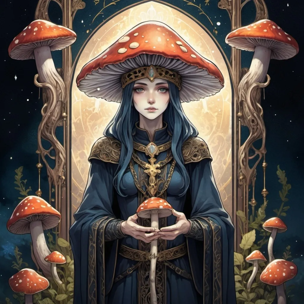 Prompt: tarot card Anime illustration, a tall figure with a mushrrom cap for head, micelium for fingers and divinity aura like a saint on medieval age pictures, dramatic lighting