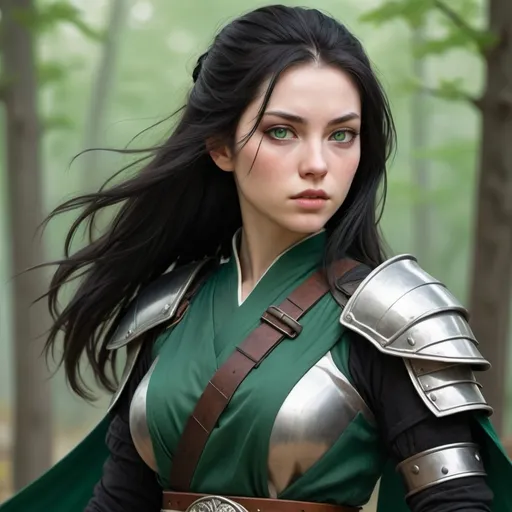 Prompt: hyper-realistic fantasy character art, illustration, dnd, warm tone, Woman with short stature, pale skin, long black hair, straight and silky in appearance. Green eyes with emerald color. Overall, her body appears to be that of an athlete, well toned and with noticeable muscles, but without taking away her femininity. She wears a black fabric outfit. Over his clothes he has light steel armor. On her waist, a leather belt, with a sword on it. In his left hand is a buckler. Her expression is calm, but her eyes seem to be alert for any movement. Overall, she resembles a beautiful Japanese woman.