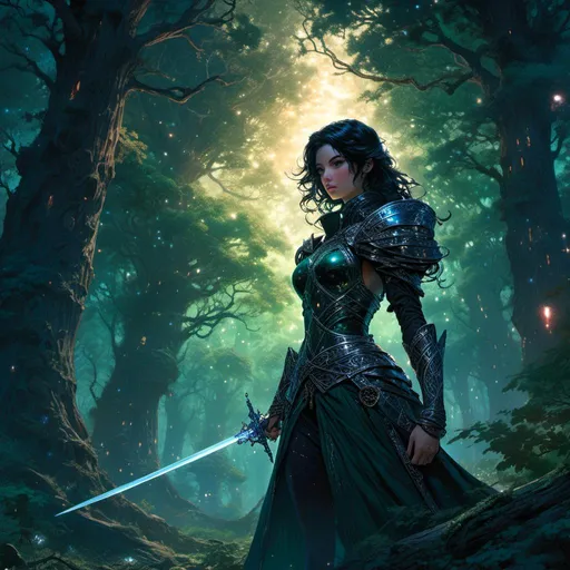 Prompt: <mymodel>(emerald eyed black hair female warrior), (longsword in hand), standing fiercely in a dense, mystical forest, starry night sky illuminating the scene, dramatic contrasts of light and shadows, enchanting atmosphere, trees silhouetted against the stars, high detail, ultra-detailed, cinematic quality.