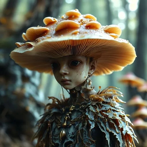 Prompt: (tall figure with a mushroom cap for head), mycelium fingers, (divine aura reminiscent of greek gods), dramatic lighting, enchanting background with mystical elements, intricate detailing, vibrant colors blending with dark contrasts, showcasing the character’s unique features, ethereal atmosphere, high quality art, vivid emotional expression.