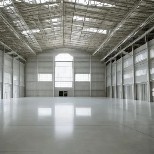 Prompt: Big white wooden house inside Massive hanger