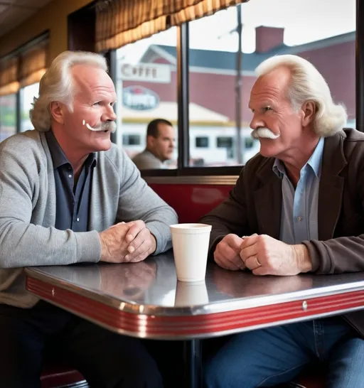 Prompt: Create a hyperdetailed, photorealistic portrait of current-day NHL legends Darryl Sittler and Lanny McDonald sitting across a table in a modern diner. The scene should be lit with warm, natural light coming through the diner's windows, creating a cozy and inviting atmosphere. Include typical diner elements such as checkered floors, wooden tables, and retro decor. Ensure Lanny McDonald has his iconic handlebar mustache, grey hair, and facial lines reflecting his age. Darryl Sittler should have grey or white hair, a clean-shaven face, and a gentle smile. Capture the men in a relaxed and friendly conversation, emphasizing a sense of camaraderie. Focus on the fine details of their faces, the texture of their clothing, the steam rising from the coffee cups, and the ambient light reflecting off the diner's surfaces. The composition and lighting should emphasize nostalgia and warmth, making it a portrait-quality shot.