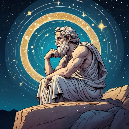 Prompt: Cartoon ancient greek philosopher pondering infinity, starry sky, rock, detailed linework, vibrant colors, high quality, cartoon, ancient greek, philosopher, pondering, infinity, starry, rock, vibrant colors, detailed linework, atmospheric lighting