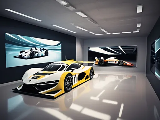 Prompt: a car showroom with a racing car on the screen and a racing car on the floor in front of the car, Cornelisz Hendriksz Vroom, panfuturism, promotional image, computer graphics