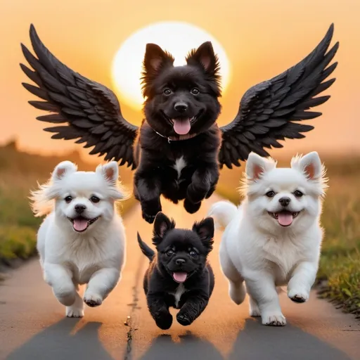 Prompt: Two short hair shiz tsu dogs and one really fluffy puppy then one black fluffy puppy all with Angel wings running off into the sunset

