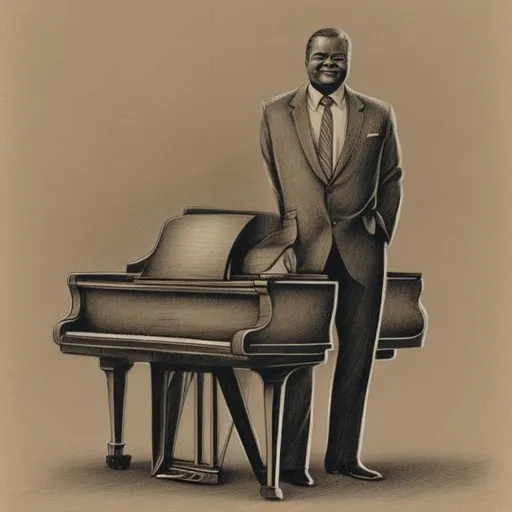 Prompt: Oscar Peterson standing on piano keys, vintage kraft paper background, detailed piano, professional classic jazz musician, detailed old-fashioned attire, realistic pencil drawing, vintage, high-res, detailed, professional, classic jazz, vintage paper texture, detailed piano keys, realistic drawing, Canadian pianist, old-fashioned attire, artistic, atmospheric lighting