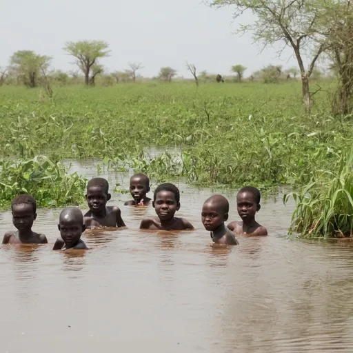 Prompt: A group of children swimming in the swampy area in Tonj