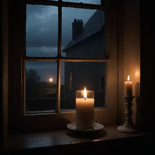 Prompt: It's night time, stormy outside, a candle in front of a window, the shadow of a ghost looks in from outside