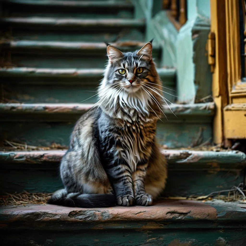 Prompt: A regal cat, grey with stripes, wild whiskers and vivid green eyes, sits inside a colonial house at the top of a dark stairway. His duty is to keep ghosts from approaching.