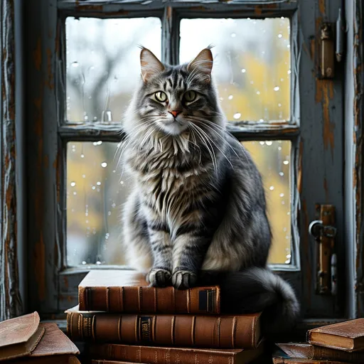 Prompt: A regal cat, grey with stripes, wild whiskers and vivid green eyes, sits on top of a stack of books in front of an ornate window, outside it's raining