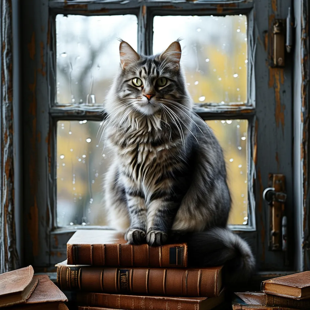 Prompt: A regal cat, grey with stripes, wild whiskers and vivid green eyes, sits on top of a stack of books in front of an ornate window, outside it's raining