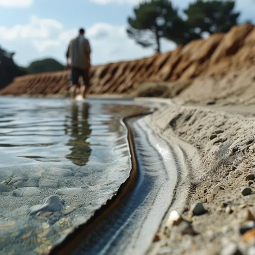 Prompt: Close to him. He’s in the far, walking in his own thoughts along the continuously shifting cling of water over silt and pebble. Toward a low indentation cut from the shore, furrowing its trench away from the natural murmur between levellow brick reinforcements.