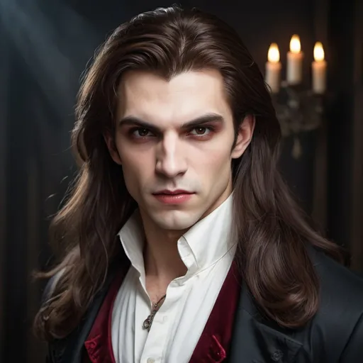 Prompt: a vampire, with brown mid hair, beautiful face, strong, and very white s