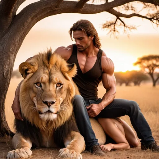 Prompt: a muscular hot handsome man cuddling a male lion under a tree as the sun sets in the savanna with a beautiful hot lady leaning against his shoulder