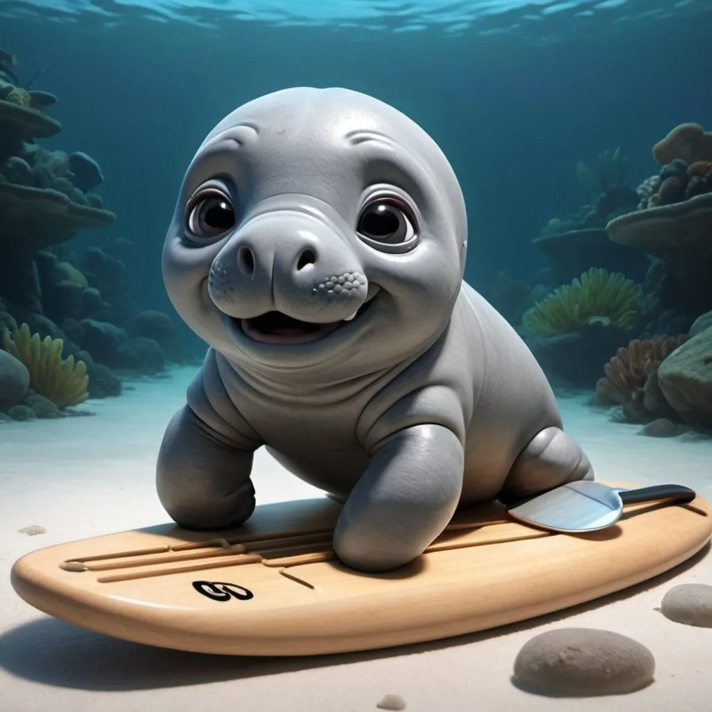 Prompt: Generate a baby manatee in pixar style
with paddle tail