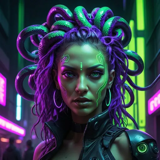 Prompt: Cyberpunk illustration of fierce Medusa Gorgon, futuristic technology-infused snakes for hair, neon-lit urban setting, detailed cybernetic enhancements, glowing snake eyes, high-tech cyberpunk style, shades of neon green and purple, intense and ominous atmosphere, high quality, ultra-detailed, cyberpunk, futuristic, neon-lit, fierce gaze, cybernetic enhancements, professional, atmospheric lighting