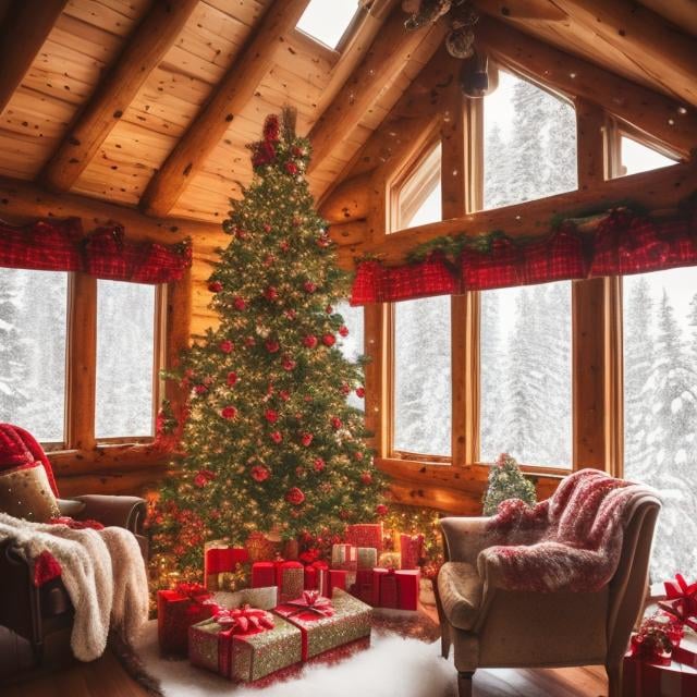 Prompt: Cozy, Christmas-themed cabin with snowy window view, warm fireplace, festive decor, dreamy ambiance, cozy chair, detailed Christmas tree, gifts, high quality, dreamy, warm, cozy, Christmas, cabin, snowy view, fireplace, festive decor, detailed Christmas tree, gifts, cozy chair, winter wonderland, highres, ultra-detailed
