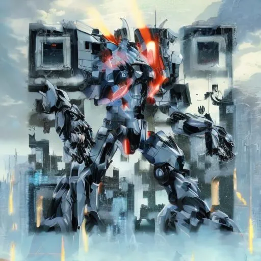 Prompt: masterpiece, best quality, mecha, no humans, black armor, blue eyes, science fiction, fire, laser canon beam, war, conflict, destroyed city background