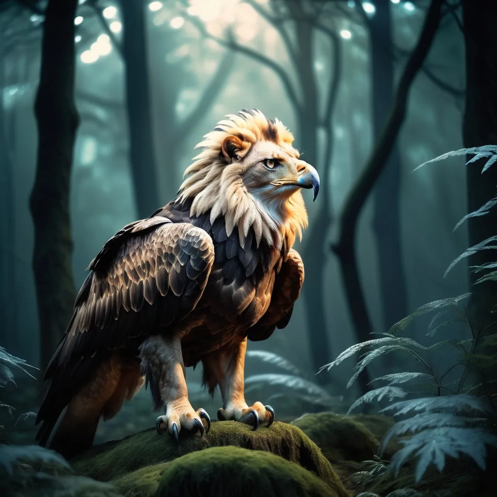 Prompt: Eagle-lion hybrid in a mystical forest, animal hybrid of an eagle and a lion, mix of lion and eagle, high quality, atmospheric lighting