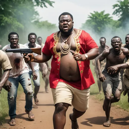 Prompt: A young fat igbo king holding his gun and being chased by zombies