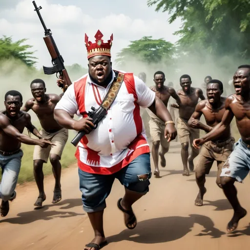 Prompt: A young fat igbo king holding his gun and being chased by zombies