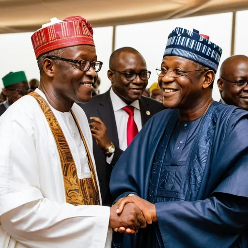 Prompt: Image Description:
Imagine a warm and celebratory scene at a high-profile event in Nigeria. In the foreground, Aliko Dangote, dressed in a sharp, dark suit with a subtle pinstripe pattern, is embracing President Bola Ahmed Tinubu. Dangote, with a broad smile, has his right arm wrapped around Tinubu's shoulder, showing a sense of camaraderie and mutual respect. Tinubu, wearing a traditional agbada in a deep blue color with intricate gold embroidery, returns the gesture with his left arm, his face beaming with pride and warmth.

Behind them, the backdrop features a large Nigerian flag draped elegantly, and a few potted plants with vibrant green leaves add a touch of natural beauty to the scene. The atmosphere is one of celebration, perhaps at a state function or a business award ceremony, with several other distinguished guests in the background clapping and smiling, capturing the significance of the moment. The lighting is bright, highlighting the joyful expressions on their faces, symbolizing a strong bond between two of Nigeria's most influential figures.

This image captures the essence of success, leadership, and the close ties between business and governance in Nigeria.