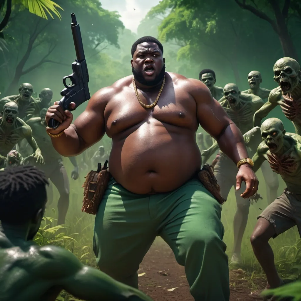 Prompt: A young fat igbo king holding his gun and being chased by zombies