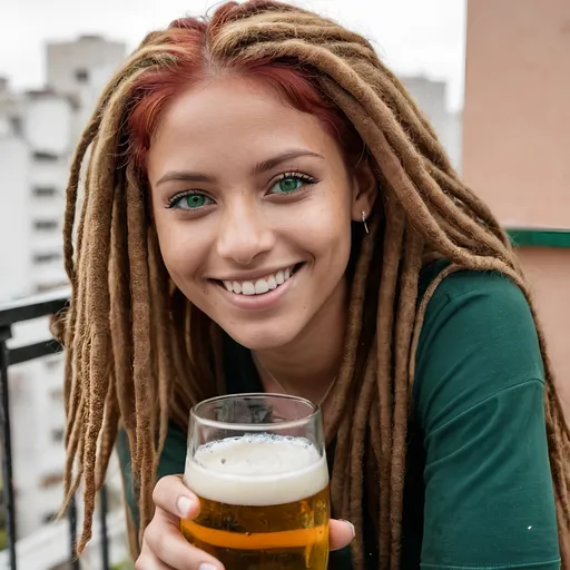 Prompt: a red-haired Latina girl smiling, emerald eyes, very beautiful with dreadlock having a glass of beer on her balcony, in some building in Buenos Aires, Argentina.