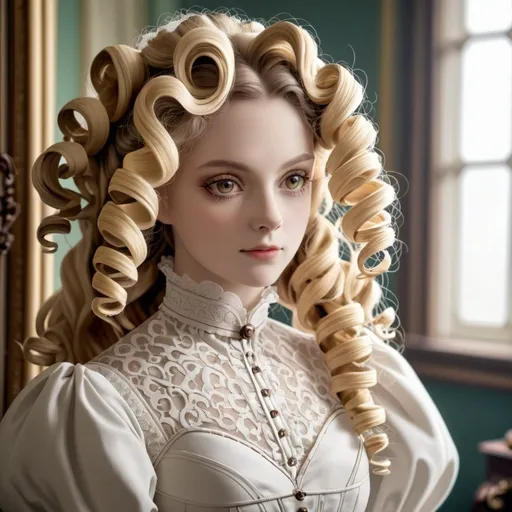 Prompt: A Victorian woman with her hair in blonde drill curls wearing a white dress