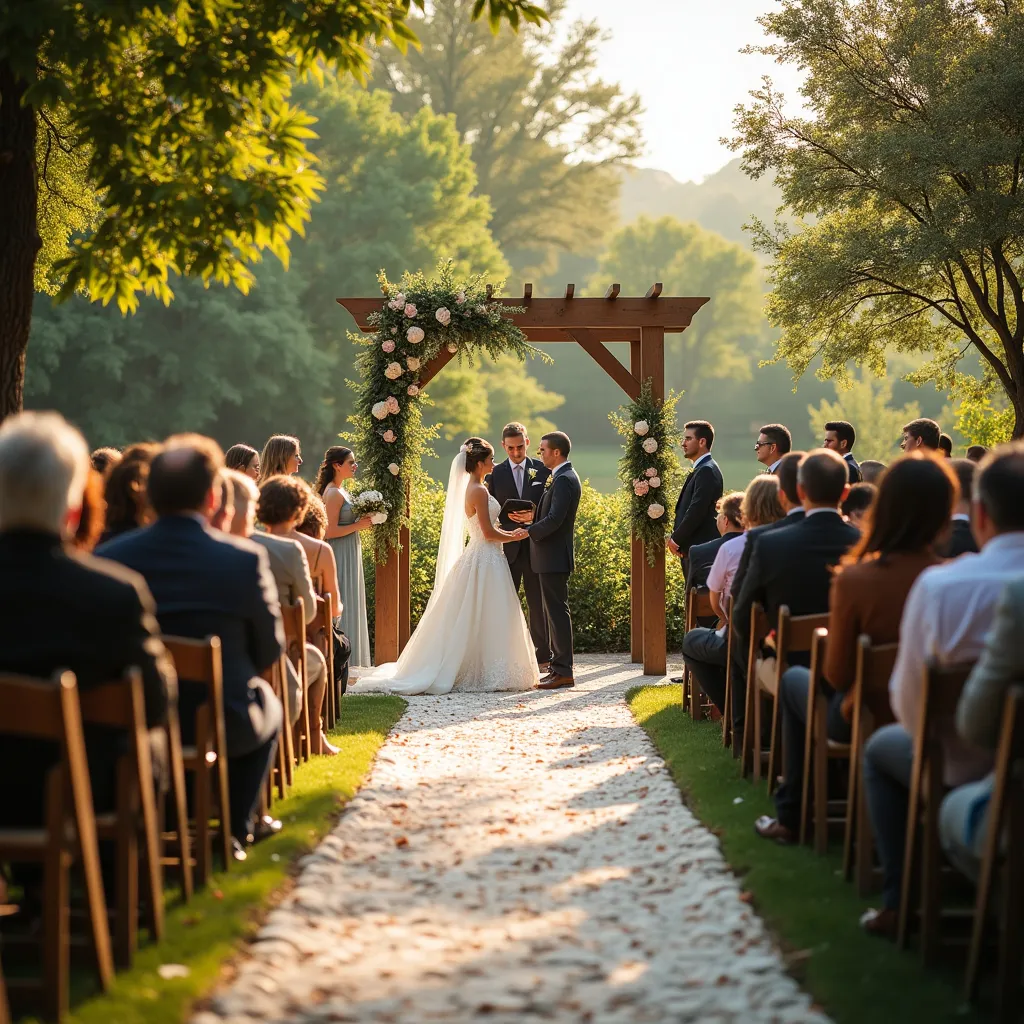 Prompt: A beautiful shot of the wedding ceremony with guests watching.