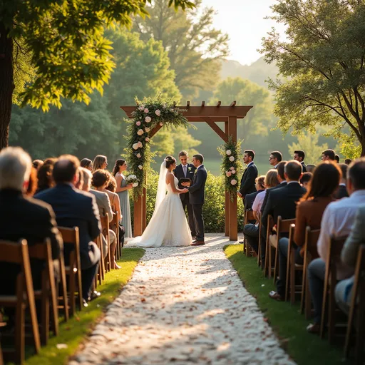 Prompt: A beautiful shot of the wedding ceremony with guests watching.