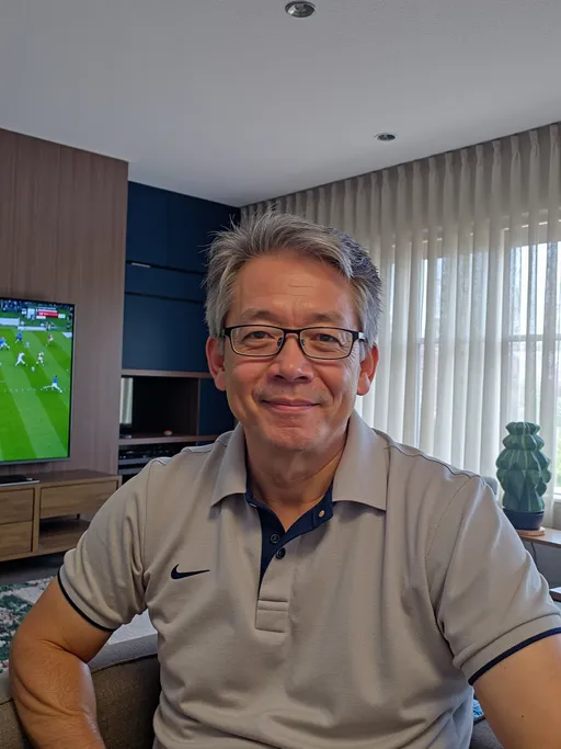 Prompt: A middle-aged man with grayish hair and glasses sits comfortably on a modern couch, dressed in a light gray polo shirt with navy blue accents. He appears relaxed, offering a slight smile that suggests warmth and approachability. The room is well-lit, featuring large windows with sheer curtains that filter in natural light, creating a cozy atmosphere. In the background, a television displays a sports game, adding to the casual, homey vibe. The decor incorporates a blend of contemporary elements, visible in the furnishings and the muted color palette, contributing to an inviting feel in this indoor space.