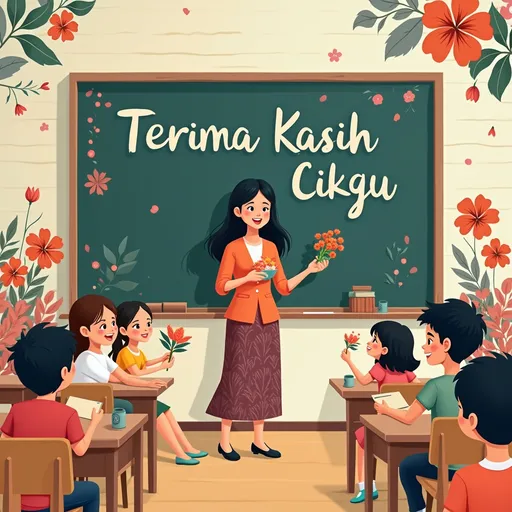 Prompt: "A heartwarming and colorful wallpaper celebrating 'Hari Guru' (Teacher's Day) in Malaysia. The design features a cheerful classroom scene with a caring teacher standing in front of a blackboard filled with 'Terima Kasih Cikgu' written in beautiful chalk lettering. Around the teacher, happy students of diverse backgrounds are giving flowers, cards, and small gifts. The background includes Malaysian cultural elements like batik patterns, hibiscus flowers, and soft pastel colors. The overall mood is joyful, nostalgic, and filled with gratitude. High-resolution, clean design suitable for phone and desktop wallpapers."