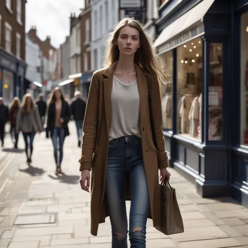 Prompt: Tall young woman walking down the high street, detailed clothing, realistic, natural lighting