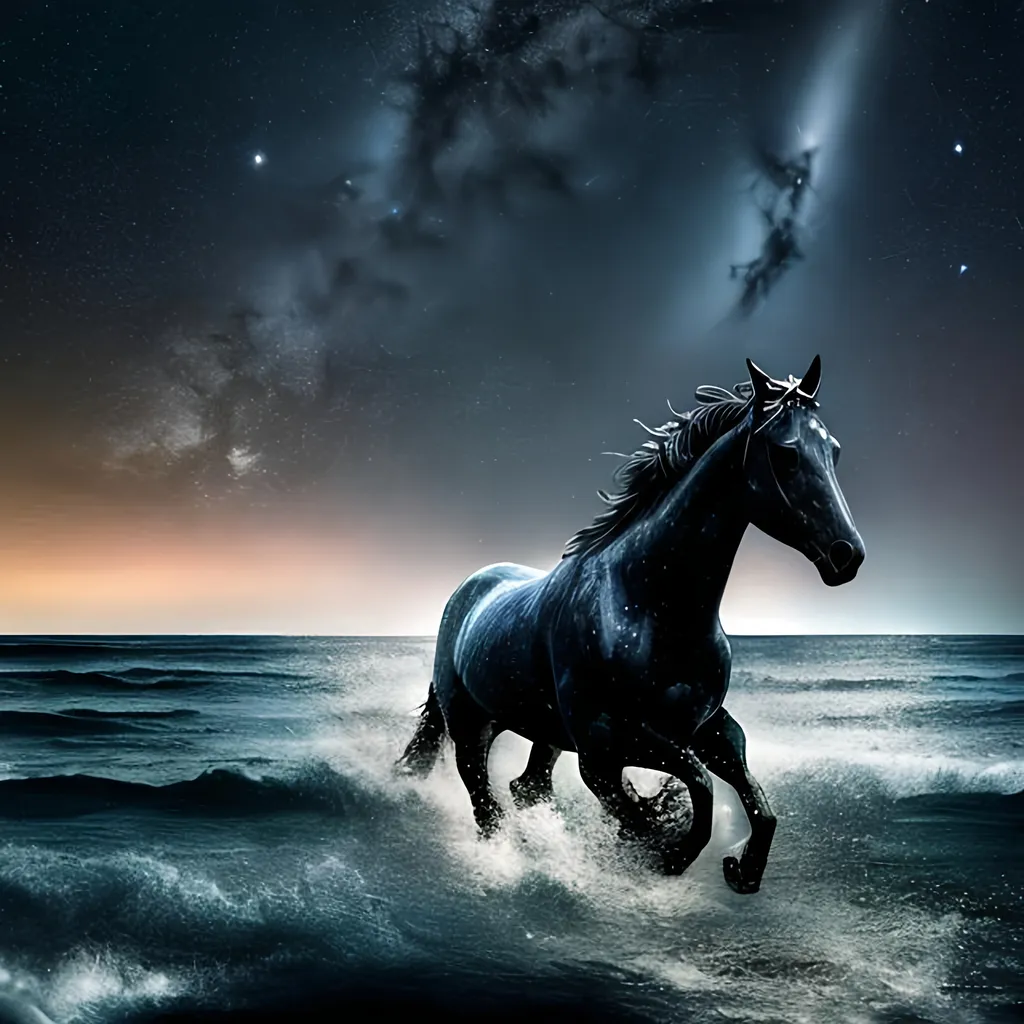 Prompt: a dark starry night sky over a calm sea with a silver mustang galloping across the water's surface towards the viewer