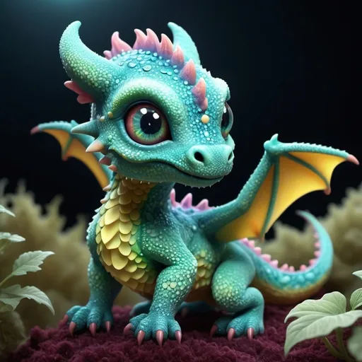 Prompt: A Photorealistic 3d adorable,  baby dragon with skin texture is soft fuzzy fungal, trans luminant, bacteria art, fractal, pointillism, crystal and bio luminance.  creating a surrealistic and whimsical with Infrared, volumetric lighting scene