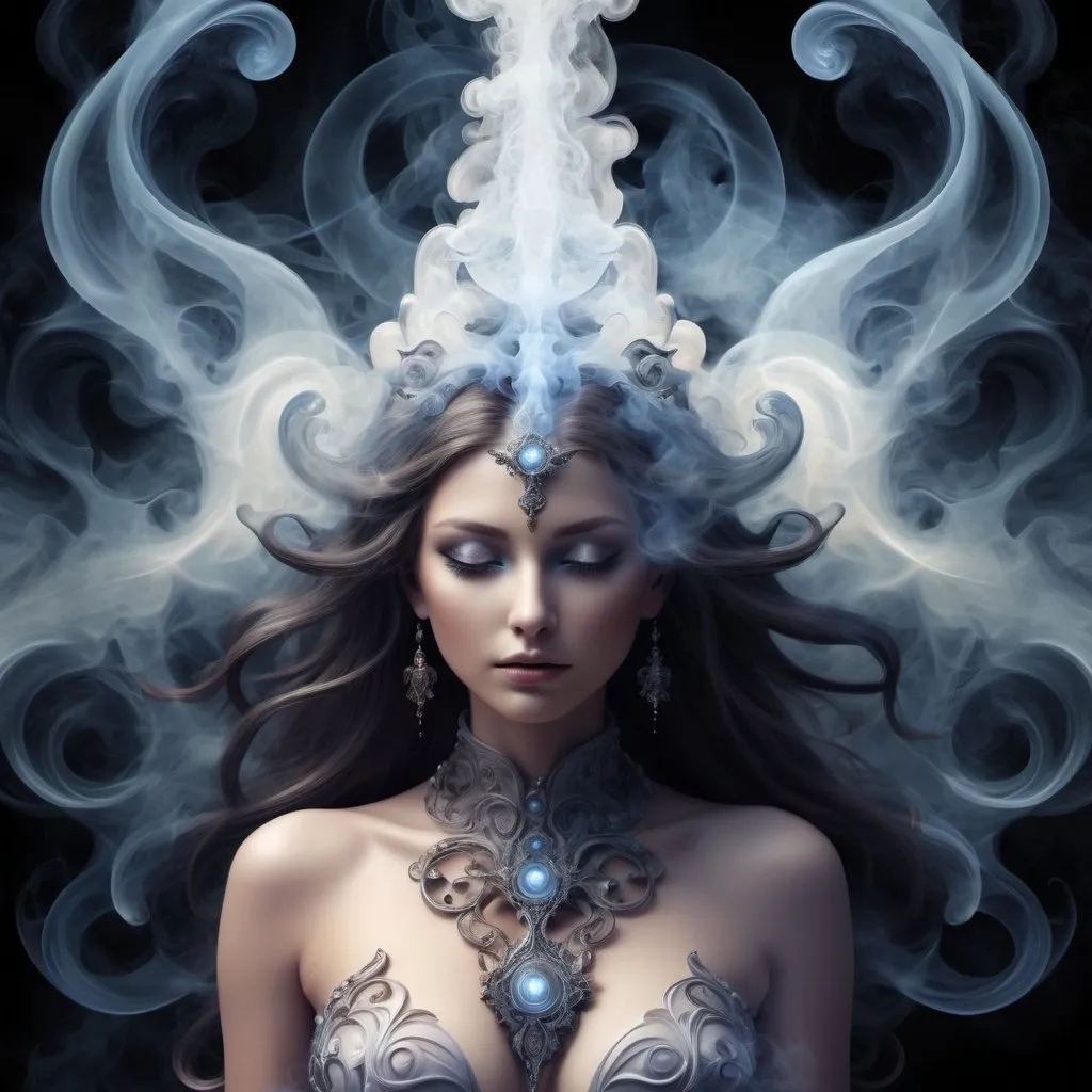 Prompt: The Beautiful Goddess, mesmerizing, smoke art, enchanted, magical,  fantasy core, dream core, smoke and fantasy background, fractal, majolica, volumetric light