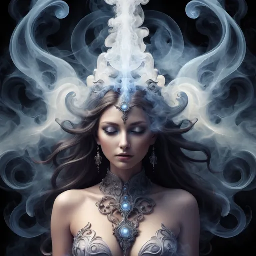 Prompt: The Beautiful Goddess, mesmerizing, smoke art, enchanted, magical,  fantasy core, dream core, smoke and fantasy background, fractal, majolica, volumetric light