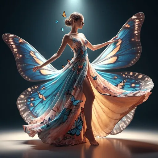 Prompt: A 3d rendering of a women is dancing with a long butterfly dress with 4k resolution, Surreal, Gsociety, whimsical, mesmerizing, Details art, concept art, fantasy art, volumetric light