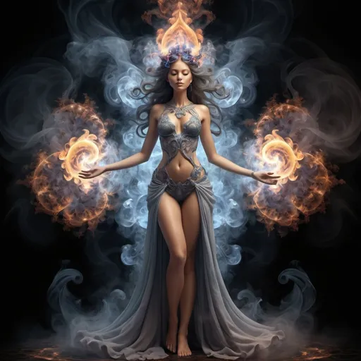 Prompt: The Beautiful Goddess, full body, mesmerizing, smoke art, enchanted, magical,  fantasy core, dream core, smoke and fantasy background, fractal, majolica, volumetric light