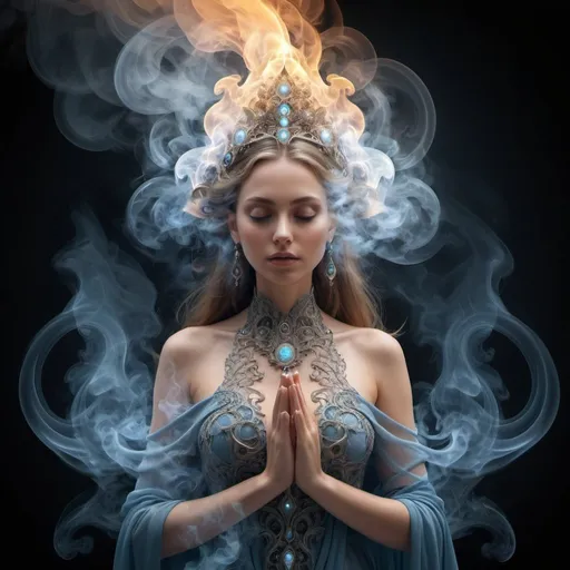 Prompt: A Beautiful Goddess full, mesmerizing, smoke art, enchanted, magical,  fantasy core, dream core, smoke and fantasy background, fractal, majolica, volumetric light