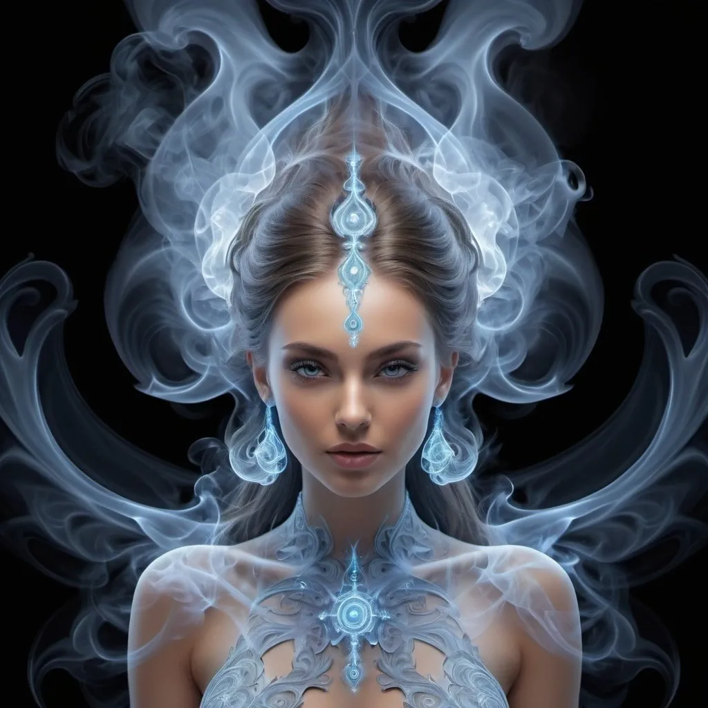 Prompt: The Beautiful Goddess, mesmerizing, smoke art, enchanted, magical,  fantasy core, dream core, smoke and fantasy background, fractal, majolica, volumetric light