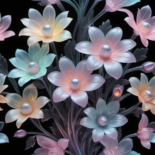 Prompt: a 3d rendering of a bunch of translucent pastel luminescent flowers on a black background with 8k resolution, an airbrush painting by Anne Stokes, GSociety, gothic art, made of flowers, iridescent, detailed painting.