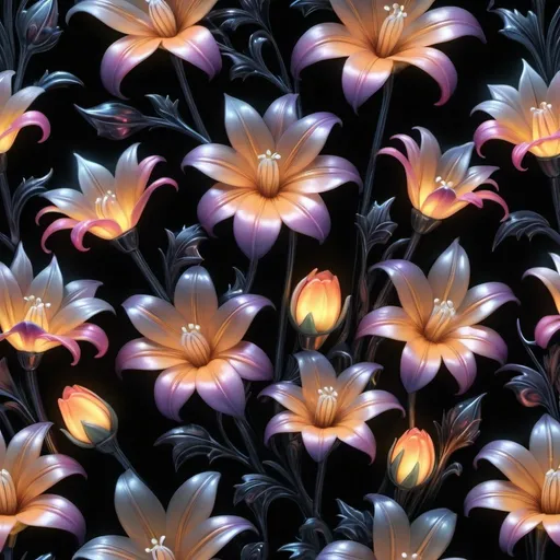 Prompt: a 3d rendering of a bunch of luminescent flowers on a black background with 8k resolution, an airbrush painting by Anne Stokes, GSociety, gothic art, made of flowers, iridescent, detailed painting.