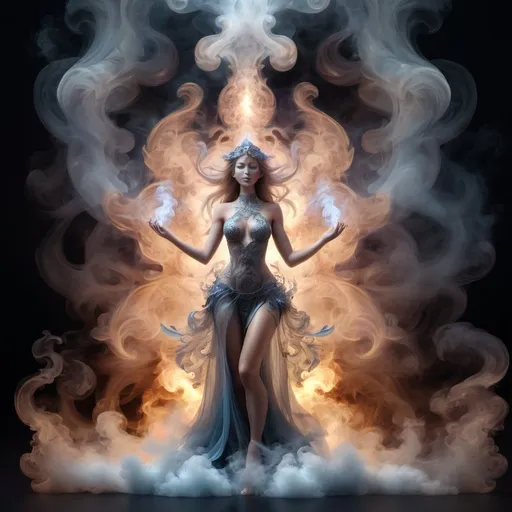 Prompt: The Beautiful Goddess, full body, mesmerizing, smoke art, enchanted, magical,  fantasy core, dream core, smoke and fantasy background, fractal, majolica, volumetric light