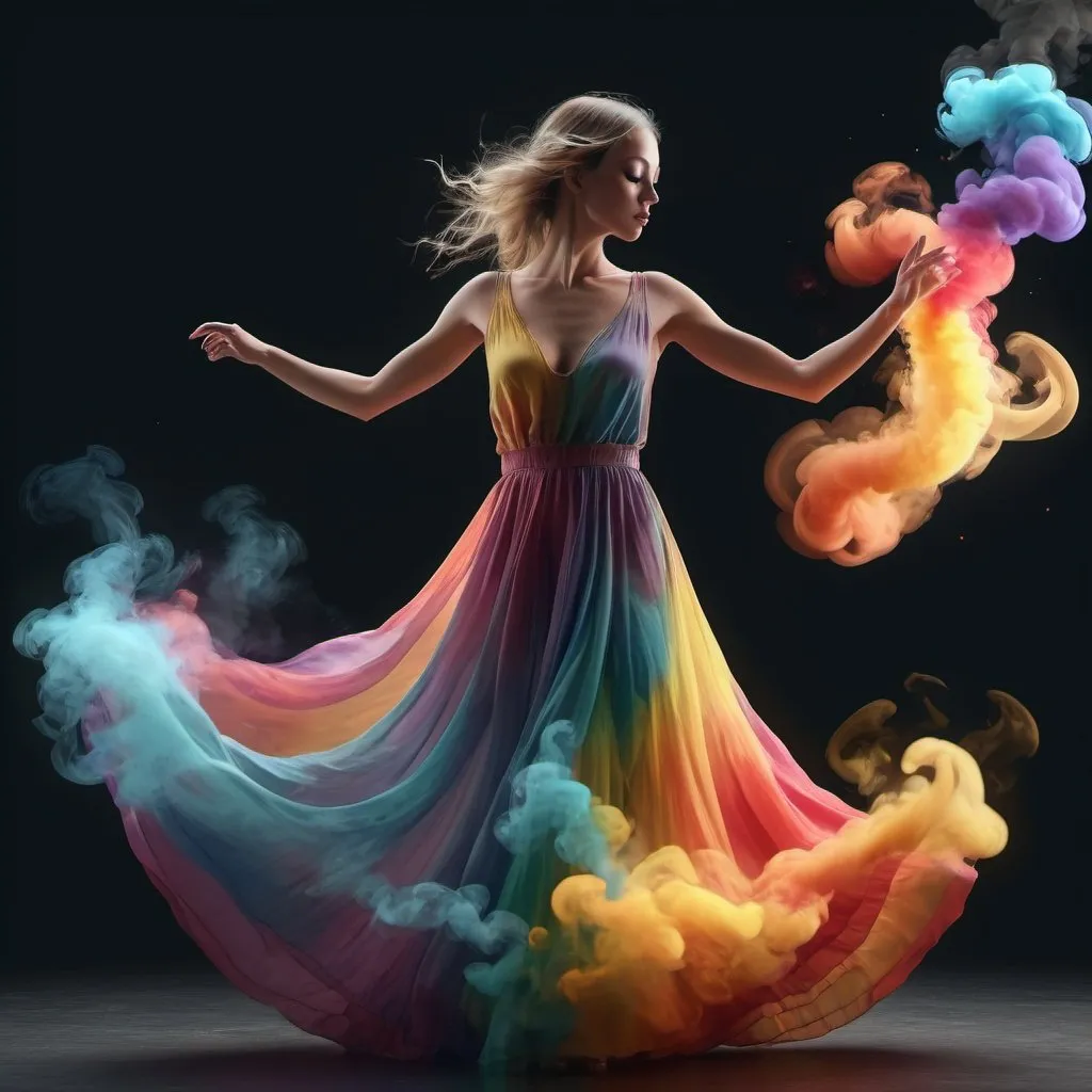 Prompt: A 3d rendering of a women is dancing with a long colourful smoke dress with 4k resolution, Surreal, Gsociety, whimsical, mesmerizing, Details art, concept art, fantasy art, volumetric light
