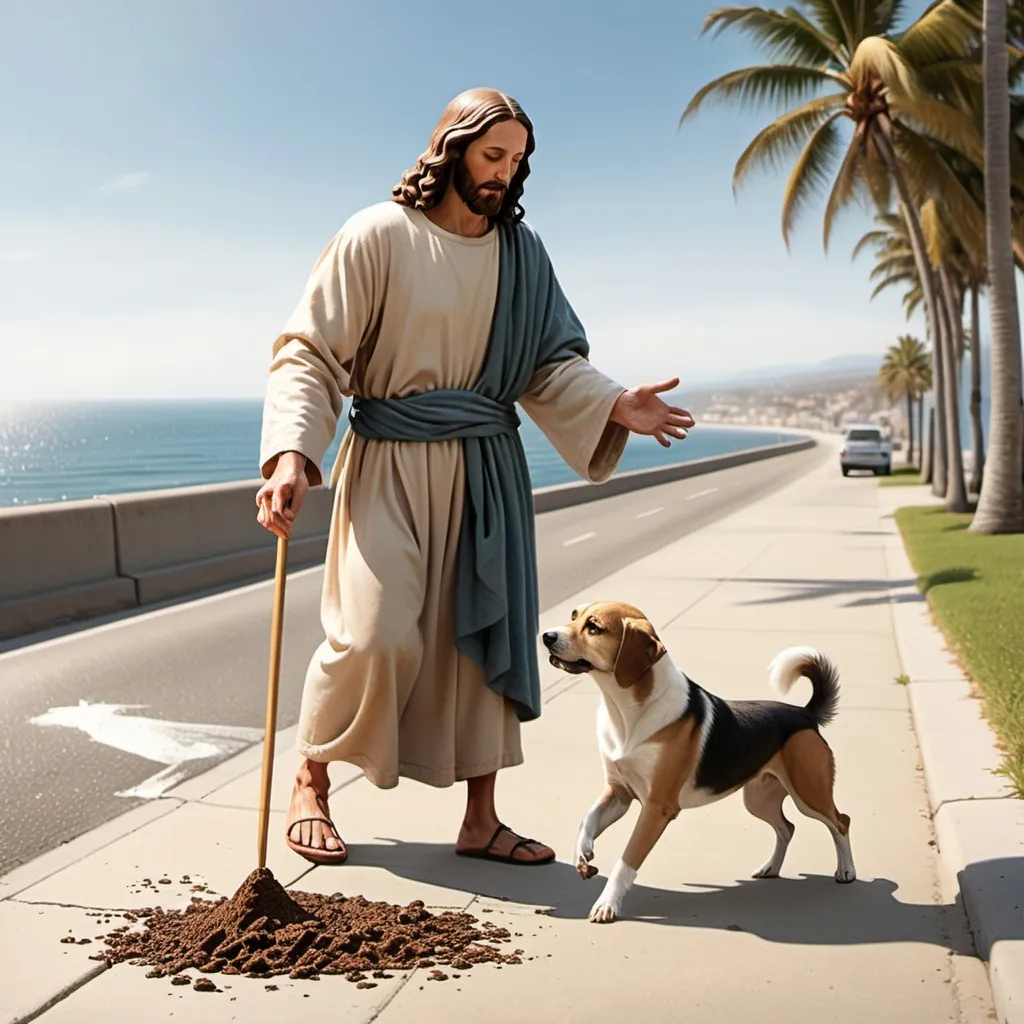 Prompt: Jesus picking up dog poop from sidewalk in front of ocean, while smiting dog owner.