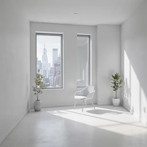 Prompt: “Square 1:1 image of a modern minimal office room in light gray tones with smooth walls and a light concrete floor. Large windows with clear city skyline and tall buildings visible outside. Soft natural daylight casting gentle shadows on the floor and walls. Sparse decor such as small vases or green plants in the corners. Spacious empty center for placing a chair. Render at least four different angles: front view, corner view, wide room view, and close-up of the background wall with window. Clean, bright, professional, uncluttered look matching the sample image.”

