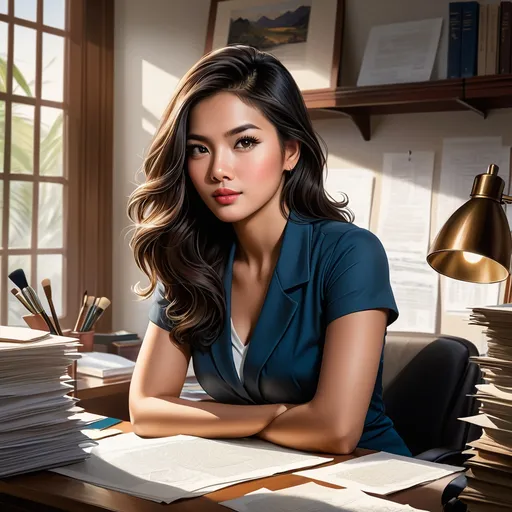 Prompt: Professional illustration, 5 office Southeast Asian workers good-looking, gather in office desks, mountain of stacked papers on desk, brush stroke, academic americana, highly detailed eyes, meticulous linework, (chiaroscuro), light and shadow, masterpiece 8k HDR, light, mood, detailed eyes, small office room, intense, dramatic lighting, realistic, traditional art style, chiaroscuro, southeast asian woman, highres, detailed linework, professional, academic, intense gaze at the desk 